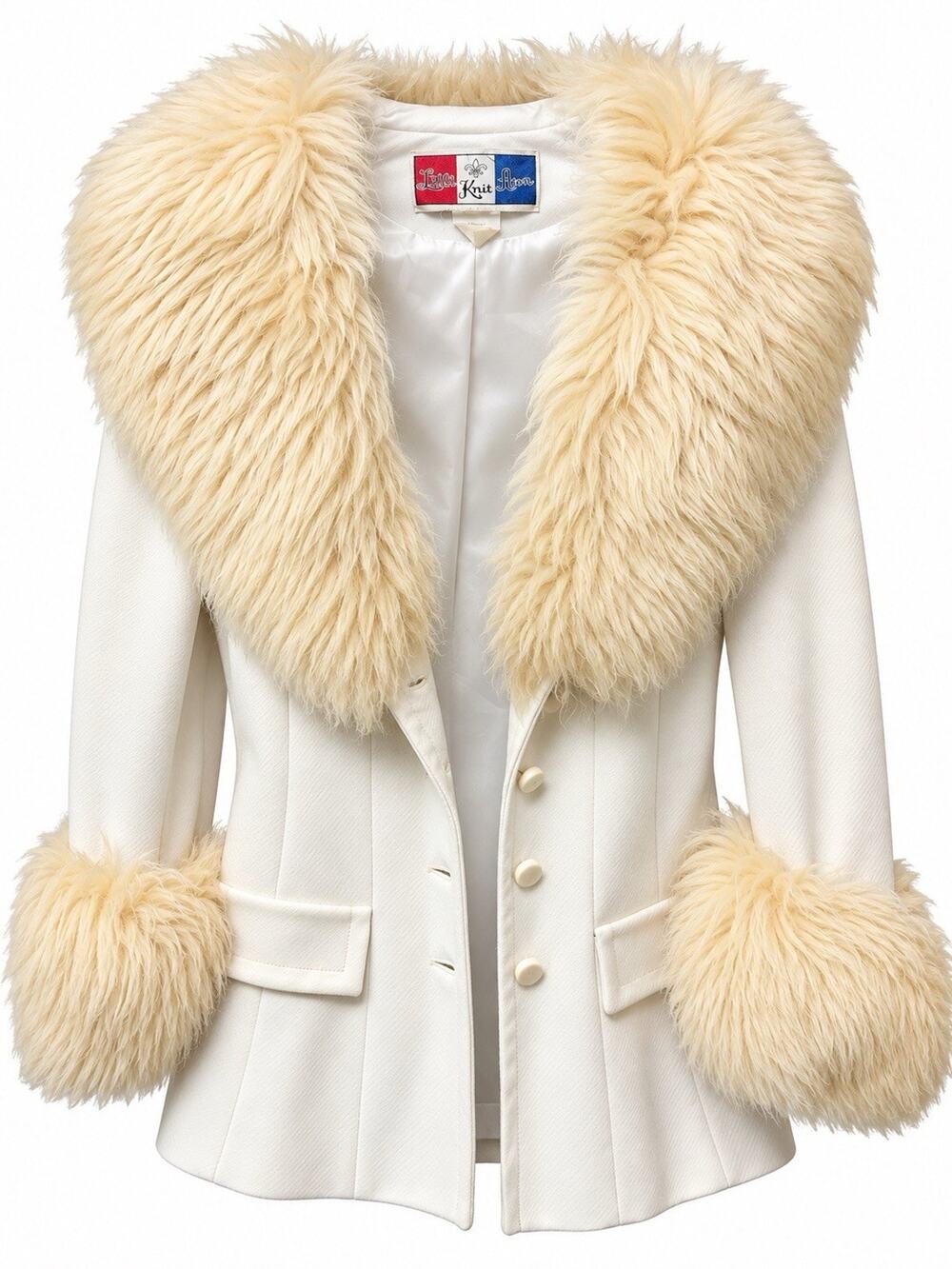 Vintage Lilli Ann Knit Ivory Coat Fur Collar & Cuffs 1960s Mod Glam